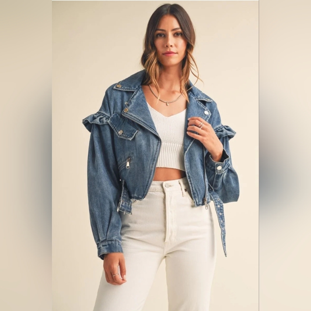 MABLE ANTHROLOGIE THESSALY RUFFLE SHOULDER BIKER DENIM JACKET